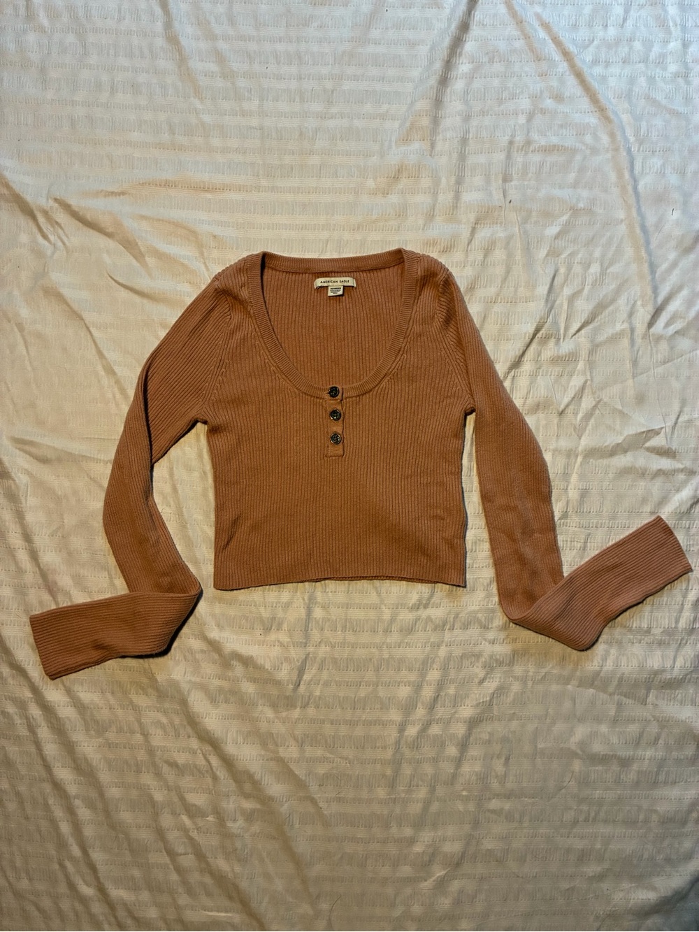 American Eagle Ribbed Button Scoop Neck Long Sleeve Top Brown XS